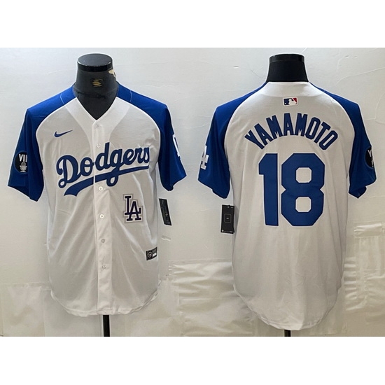 Men Los Angeles Dodgers 18 Yoshinobu Yamamoto White Blue Vin Patch Cool Base Stitched Baseball Jersey 2