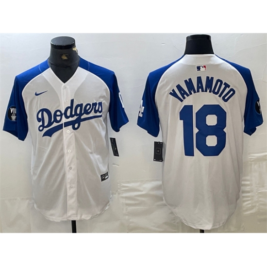 Men Los Angeles Dodgers 18 Yoshinobu Yamamoto White Blue Vin Patch Cool Base Stitched Baseball Jersey Men Los Angeles Dodgers 18 Yoshinobu Yamamoto White Blue Vin Patch Cool Base Stitched Baseball Jersey