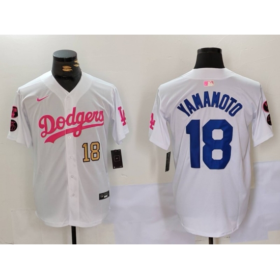 Men Los Angeles Dodgers 18 Yoshinobu Yamamoto White Pink Vin 26 Kobe Patch Stitched Baseball Jersey 3 Men Los Angeles Dodgers 18 Yoshinobu Yamamoto White Pink Vin 26 Kobe Patch Stitched Baseball Jersey 3