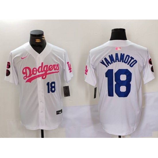 Men Los Angeles Dodgers 18 Yoshinobu Yamamoto White Pink Vin 26 Kobe Patch Stitched Baseball Jersey 9 Men Los Angeles Dodgers 18 Yoshinobu Yamamoto White Pink Vin 26 Kobe Patch Stitched Baseball Jersey 9