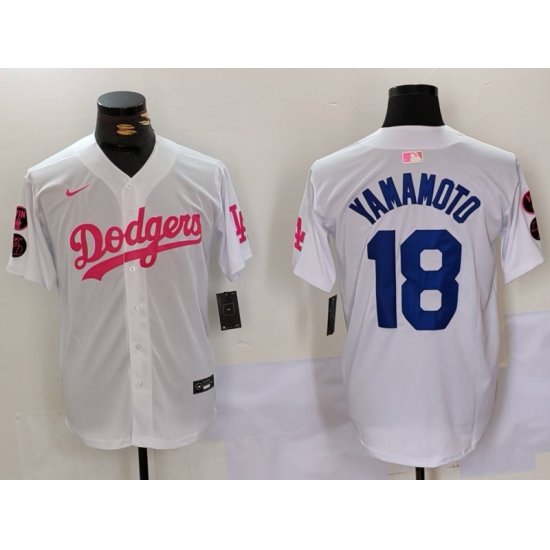 Men Los Angeles Dodgers 18 Yoshinobu Yamamoto White Pink Vin 26 Kobe Patch Stitched Baseball Jersey1 Men Los Angeles Dodgers 18 Yoshinobu Yamamoto White Pink Vin 26 Kobe Patch Stitched Baseball Jersey1