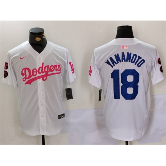 Men Los Angeles Dodgers 18 Yoshinobu Yamamoto White Pink Vin 26 Kobe Patch Stitched Baseball Jersey Men Los Angeles Dodgers 18 Yoshinobu Yamamoto White Pink Vin 26 Kobe Patch Stitched Baseball Jersey