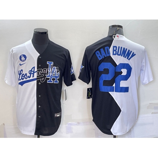 Men Los Angeles Dodgers 22 Bad Bunny 2022 All Star White Black Split Cool Base Baseball Jersey Men Los Angeles Dodgers 22 Bad Bunny 2022 All Star White Black Split Cool Base Baseball Jersey