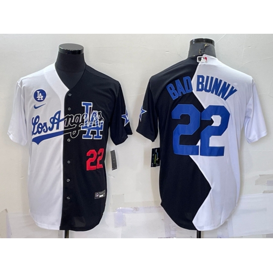 Men Los Angeles Dodgers 22 Bad Bunny 2022 All Star White Black Split Cool Base Stitched Baseball Jersey Men Los Angeles Dodgers 22 Bad Bunny 2022 All Star White Black Split Cool Base Stitched Baseball Jersey