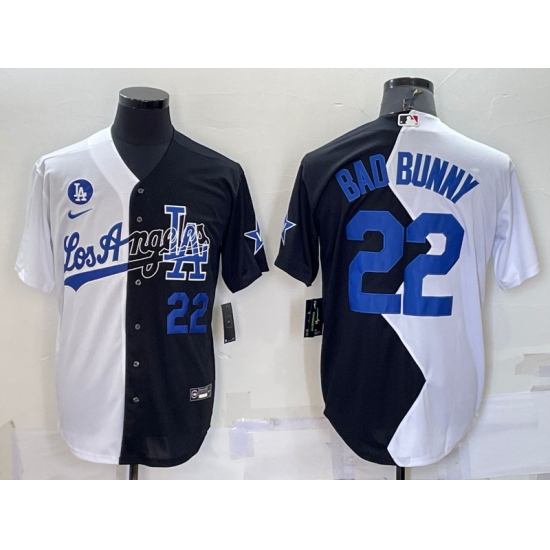 Men Los Angeles Dodgers 22 Bad Bunny 2022 All Star White Black Split Cool Base Stitched Jersey Men Los Angeles Dodgers 22 Bad Bunny 2022 All Star White Black Split Cool Base Stitched Jersey