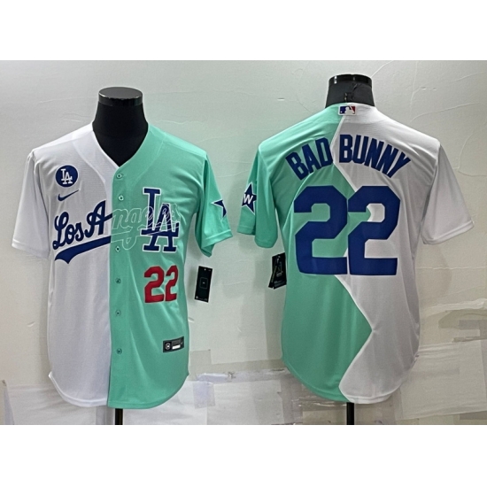 Men Los Angeles Dodgers 22 Bad Bunny 2022 All Star White Green Cool Base Jersey Men Los Angeles Dodgers 22 Bad Bunny 2022 All Star White Green Cool Base Jersey