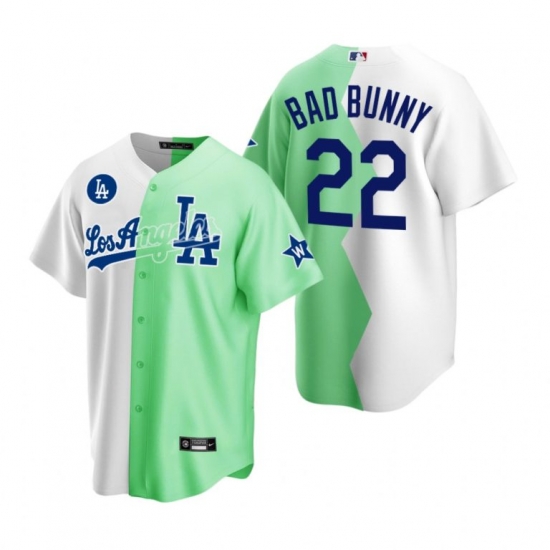 Men Los Angeles Dodgers 22 Bad Bunny 2022 All Star White Green Cool Base Stitched Baseball Nike Jersey Men Los Angeles Dodgers 22 Bad Bunny 2022 All Star White Green Cool Base Stitched Baseball Nike Jersey