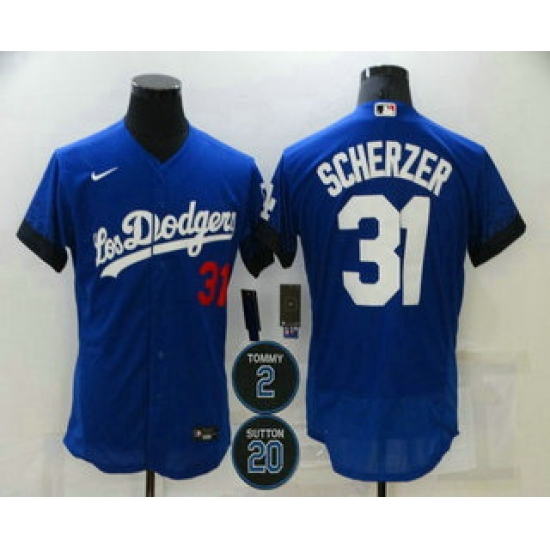 Men Los Angeles Dodgers 31 Max Scherzer Blue 2 20 Patch City Connect Flex Base Stitched Jersey Men Los Angeles Dodgers 31 Max Scherzer Blue 2 20 Patch City Connect Flex Base Stitched Jersey