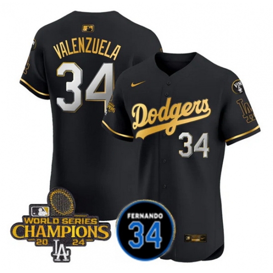 Men Los Angeles Dodgers 34 Fernando Valenzuela Black Gold 2024 World Series Champions With 34 Patch Vapor Limited Stitched Baseball Jersey Men Los Angeles Dodgers 34 Fernando Valenzuela Black Gold 2024 World Series Champions With 34 Patch Vapor Limited Stitched Baseball Jersey