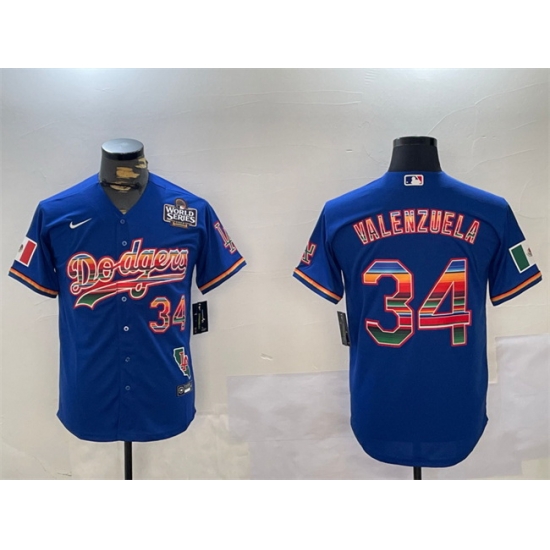 Men Los Angeles Dodgers 34 Fernando Valenzuela Royal 2024 World Series Mexico California Patch Cool Base Stitched Baseball Jersey Men Los Angeles Dodgers 34 Fernando Valenzuela Royal 2024 World Series Mexico California Patch Cool Base Stitched Baseball Jersey