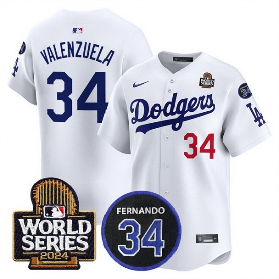 Men Los Angeles Dodgers 34 Toro Valenzuela White 2024 World Series With Fernando Memorial Patch Limited Stitched Baseball Jersey Men Los Angeles Dodgers 34 Toro Valenzuela White 2024 World Series With Fernando Memorial Patch Limited Stitched Baseball Jersey