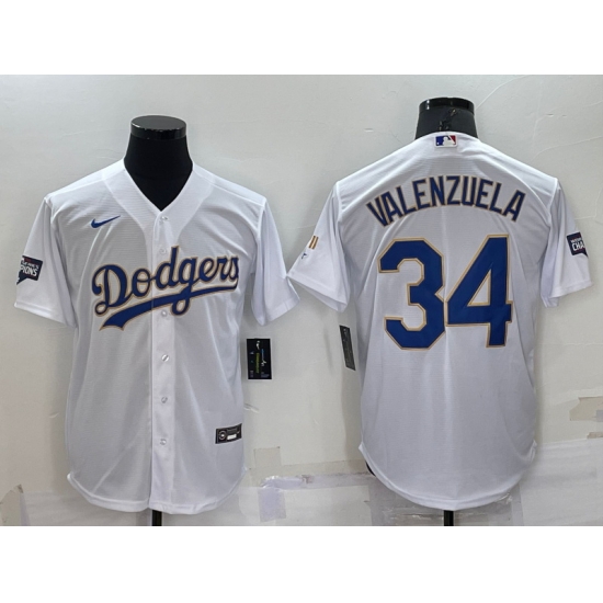 Men Los Angeles Dodgers 34 Toro Valenzuela White Gold Championship Cool Base Stitched Jersey Men Los Angeles Dodgers 34 Toro Valenzuela White Gold Championship Cool Base Stitched Jersey