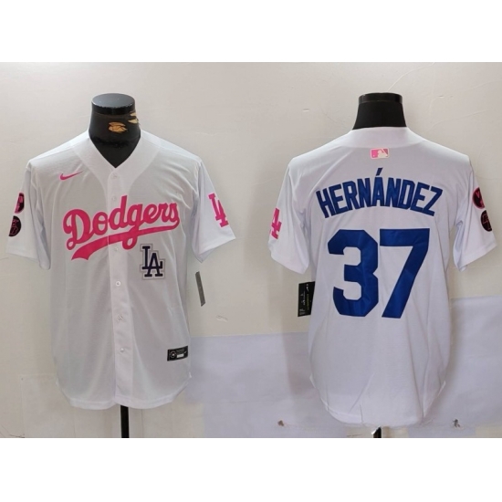 Men Los Angeles Dodgers 37 Teoscar Hernandez White Pink Vin 26 Kobe Patch Stitched Baseball Jersey 5 Men Los Angeles Dodgers 37 Teoscar Hernandez White Pink Vin 26 Kobe Patch Stitched Baseball Jersey 5