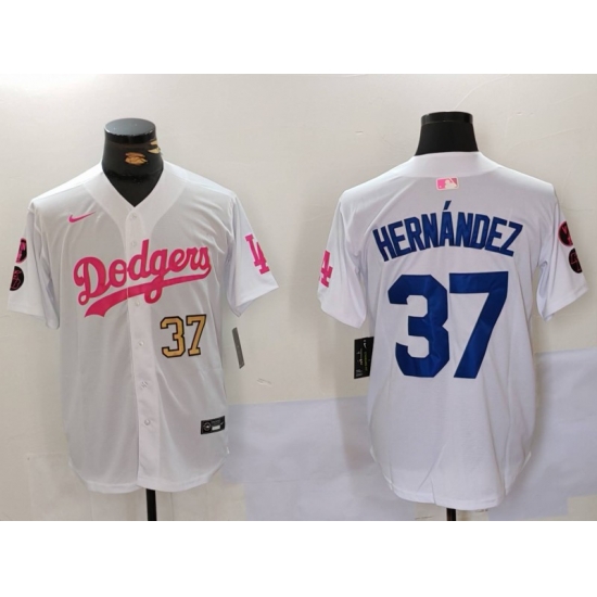 Men Los Angeles Dodgers 37 Teoscar Hernandez White Pink Vin 26 Kobe Patch Stitched Baseball Jersey Men Los Angeles Dodgers 37 Teoscar Hernandez White Pink Vin 26 Kobe Patch Stitched Baseball Jersey