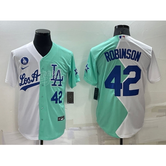 Men Los Angeles Dodgers 42 Jackie Robinson 2022 All Star White Green Cool Base Stitched Jersey Men Los Angeles Dodgers 42 Jackie Robinson 2022 All Star White Green Cool Base Stitched Jersey