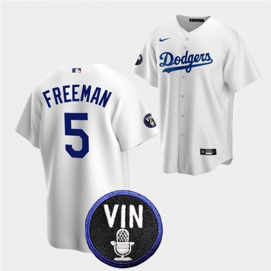 Men Los Angeles Dodgers 5 Freddie Freeman 2022 White Vin Scully Patch Cool Base Stitched Baseball Jersey Men Los Angeles Dodgers 5 Freddie Freeman 2022 White Vin Scully Patch Cool Base Stitched Baseball Jersey