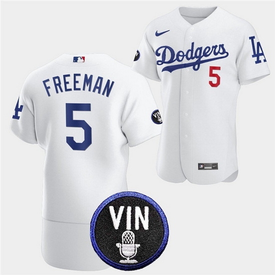 Men Los Angeles Dodgers 5 Freddie Freeman 2022 White Vin Scully Patch Flex Base Stitched Baseball Jersey Men Los Angeles Dodgers 5 Freddie Freeman 2022 White Vin Scully Patch Flex Base Stitched Baseball Jersey