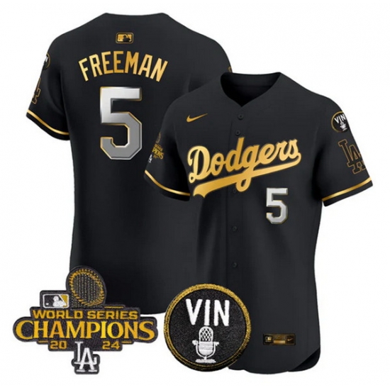 Men Los Angeles Dodgers 5 Freddie Freeman Black Gold 2024 World Series Champions With Vin Patch Vapor Limited Stitched Baseball Jersey Men Los Angeles Dodgers 5 Freddie Freeman Black Gold 2024 World Series Champions With Vin Patch Vapor Limited Stitched Baseball Jersey