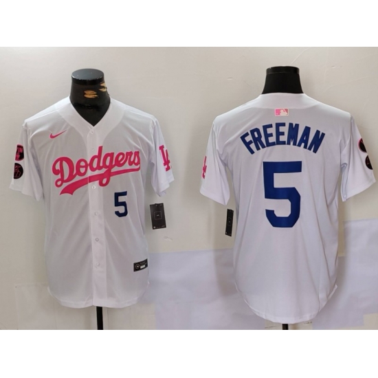 Men Los Angeles Dodgers 5 Freddie Freeman White Pink Vin 26 Kobe Patch Stitched Baseball Jersey 2 Men Los Angeles Dodgers 5 Freddie Freeman White Pink Vin 26 Kobe Patch Stitched Baseball Jersey 2