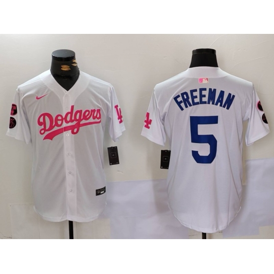 Men Los Angeles Dodgers 5 Freddie Freeman White Pink Vin 26 Kobe Patch Stitched Baseball Jersey 6 Men Los Angeles Dodgers 5 Freddie Freeman White Pink Vin 26 Kobe Patch Stitched Baseball Jersey 6