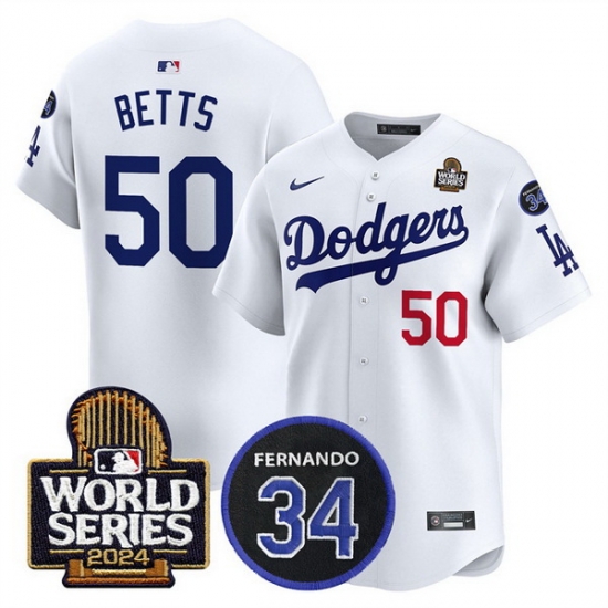 Men Los Angeles Dodgers 50 Mookie Betts White 2024 World Series With Fernando Memorial Patch Limited Stitched Baseball Jersey Men Los Angeles Dodgers 50 Mookie Betts White 2024 World Series With Fernando Memorial Patch Limited Stitched Baseball Jersey