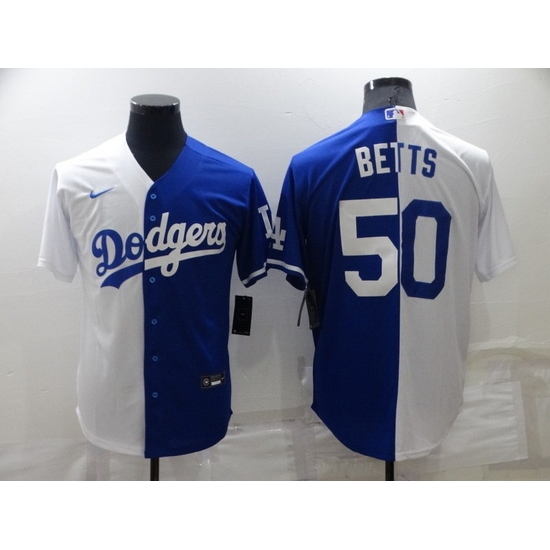 Men Los Angeles Dodgers 50 Mookie Betts White Blue Split Cool Base Stitched Baseball Jersey Men Los Angeles Dodgers 50 Mookie Betts White Blue Split Cool Base Stitched Baseball Jersey