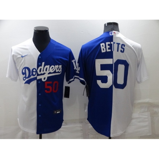 Men Los Angeles Dodgers 50 Mookie Betts White Blue Split Cool Base Stitched Baseball Jerseys Men Los Angeles Dodgers 50 Mookie Betts White Blue Split Cool Base Stitched Baseball Jerseys