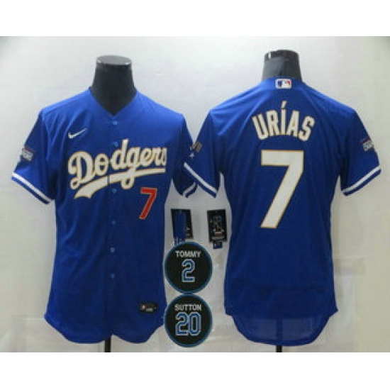 Men Los Angeles Dodgers 7 Julio Urias Blue Gold 2 20 Patch Stitched MLB Flex Base Nike Jersey