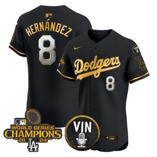 Men Los Angeles Dodgers 8 Enrique Hernandez Black Gold 2024 World Series Champions With Vin Patch Vapor Limited Stitched Baseball Jersey Men Los Angeles Dodgers 8 Enrique Hernandez Black Gold 2024 World Series Champions With Vin Patch Vapor Limited Stitched Baseball Jersey
