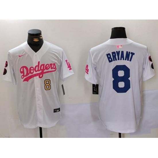 Men Los Angeles Dodgers 8 Kobe Bryant White Pink Vin 26 Kobe Patch Stitched Baseball Jersey 2 Men Los Angeles Dodgers 8 Kobe Bryant White Pink Vin 26 Kobe Patch Stitched Baseball Jersey 2