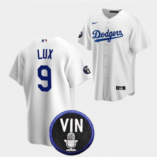 Men Los Angeles Dodgers 9 Gavin Lux 2022 White Vin Scully Patch Cool Base Stitched Baseball Jersey Men Los Angeles Dodgers 9 Gavin Lux 2022 White Vin Scully Patch Cool Base Stitched Baseball Jersey