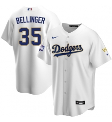 Men Los Angeles Dodgers Cody Bellinger 35 Championship Gold Trim White Limited All Stitched Cool Base Jersey