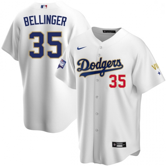 Men Los Angeles Dodgers Cody Bellinger 35 Championship Gold Trim White Limited All Stitched Flex Base Jersey Men Los Angeles Dodgers Cody Bellinger 35 Championship Gold Trim White Limited All Stitched Flex Base Jersey