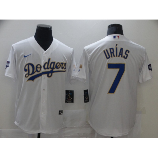 Men Los Angeles Dodgers Julio Urias 7 Championship Gold Trim White Limited All Stitched Cool Base Jersey Men Los Angeles Dodgers Julio Urias 7 Championship Gold Trim White Limited All Stitched Cool Base Jersey