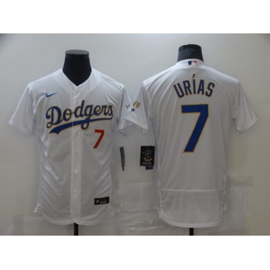 Men Los Angeles Dodgers Julio Urias 7 Championship Gold Trim White Limited All Stitched Flex Base Jersey Men Los Angeles Dodgers Julio Urias 7 Championship Gold Trim White Limited All Stitched Flex Base Jersey