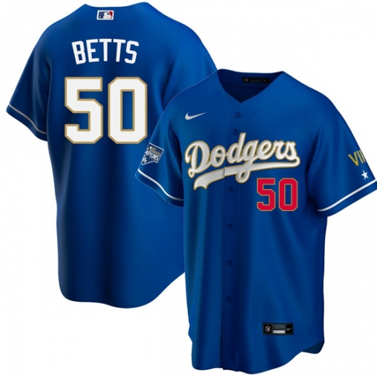 Men Los Angeles Dodgers Mookie Betts 50 Championship Gold Trim Blue Limited All Stitched Flex Base Jersey Men Los Angeles Dodgers Mookie Betts 50 Championship Gold Trim Blue Limited All Stitched Flex Base Jersey