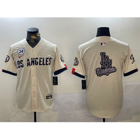 Men Los Angeles Dodgers Team Big Logo Cream 2024 World Series With No 34 Patch Limited Stitched Baseball Jersey 1 Men Los Angeles Dodgers Team Big Logo Cream 2024 World Series With No 34 Patch Limited Stitched Baseball Jersey 1
