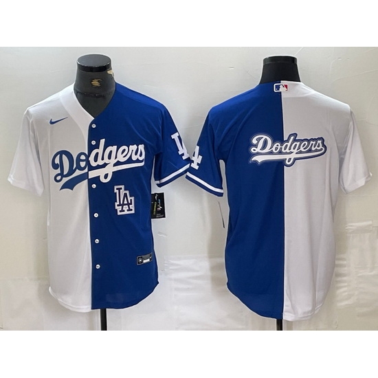 Men Los Angeles Dodgers Team Big Logo White Blue Split Cool Base Stitched Baseball Jersey 8