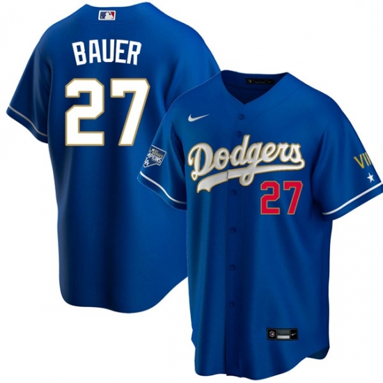 Men Los Angeles Dodgers Trevor Bauer 27 Championship Gold Trim Blue Limited All Stitched Flex Base Jersey Men Los Angeles Dodgers Trevor Bauer 27 Championship Gold Trim Blue Limited All Stitched Flex Base Jersey