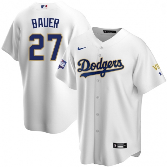 Men Los Angeles Dodgers Trevor Bauer 27 Championship Gold Trim White Limited All Stitched Cool Base Jersey Men Los Angeles Dodgers Trevor Bauer 27 Championship Gold Trim White Limited All Stitched Cool Base Jersey