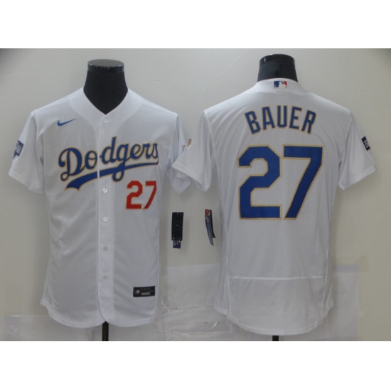 Men Los Angeles Dodgers Trevor Bauer 27 Championship Gold Trim White Limited All Stitched Flex Base Jersey Men Los Angeles Dodgers Trevor Bauer 27 Championship Gold Trim White Limited All Stitched Flex Base Jersey