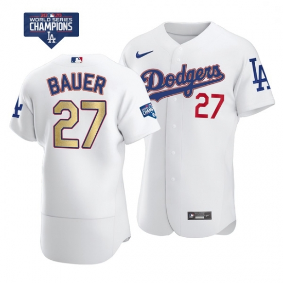 Men Los Angeles Dodgers Trevor Bauer 27 Gold Program Designed Edition White Flex Base Stitched Jersey Men Los Angeles Dodgers Trevor Bauer 27 Gold Program Designed Edition White Flex Base Stitched Jersey