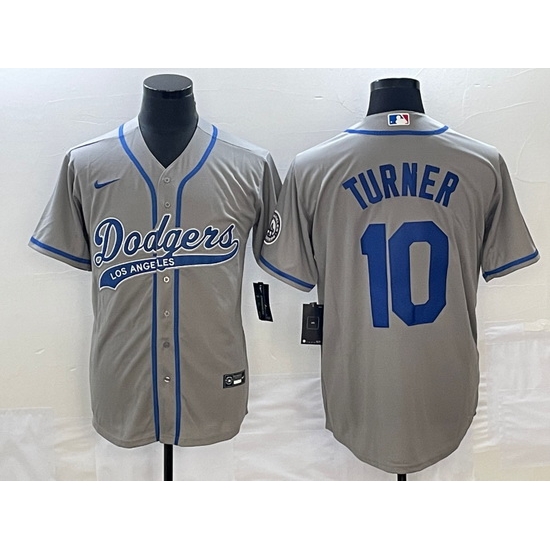 Men's Los Angeles Dodgers #10 Justin Turner Grey With Patch Cool Base Stitched Baseball Jersey1 Men's Los Angeles Dodgers #10 Justin Turner Grey With Patch Cool Base Stitched Baseball Jersey1