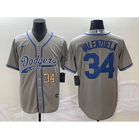 Men's Los Angeles Dodgers #34 Fernando Valenzuela Number Grey With Patch Cool Base Stitched Baseball Jersey Men's Los Angeles Dodgers #34 Fernando Valenzuela Number Grey With Patch Cool Base Stitched Baseball Jersey