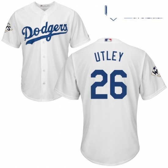 Mens Majestic Los Angeles Dodgers 26 Chase Utley Replica White Home 2017 World Series Bound Cool Base MLB Jersey