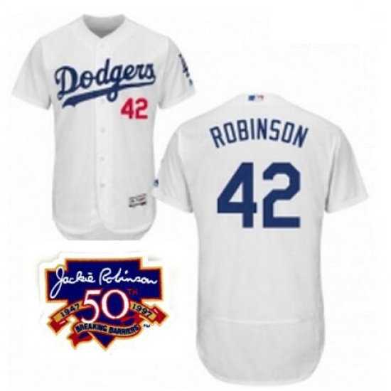 Mens Majestic Los Angeles Dodgers 42 Jackie Robinson White Home Flex Base 50 Years Breaking Barriers Patch Jersey Mens Majestic Los Angeles Dodgers 42 Jackie Robinson White Home Flex Base 50 Years Breaking Barriers Patch Jersey