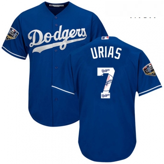 Mens Majestic Los Angeles Dodgers 7 Julio Urias Authentic Royal Blue Team Logo Fashion Cool Base 2018 World Series MLB Jersey Mens Majestic Los Angeles Dodgers 7 Julio Urias Authentic Royal Blue Team Logo Fashion Cool Base 2018 World Series MLB Jersey