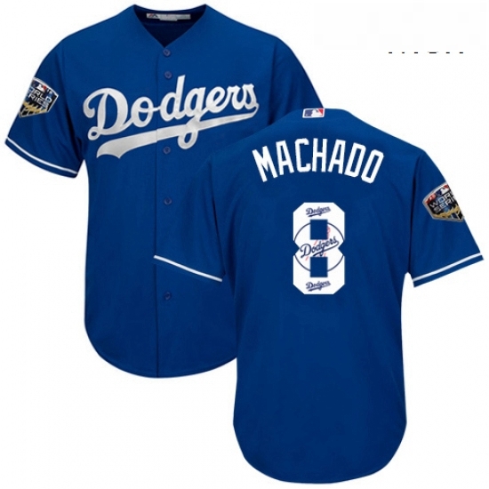 Mens Majestic Los Angeles Dodgers 8 Manny Machado Authentic Royal Blue Team Logo Fashion Cool Base 2018 World Series MLB Jersey Mens Majestic Los Angeles Dodgers 8 Manny Machado Authentic Royal Blue Team Logo Fashion Cool Base 2018 World Series MLB Jersey