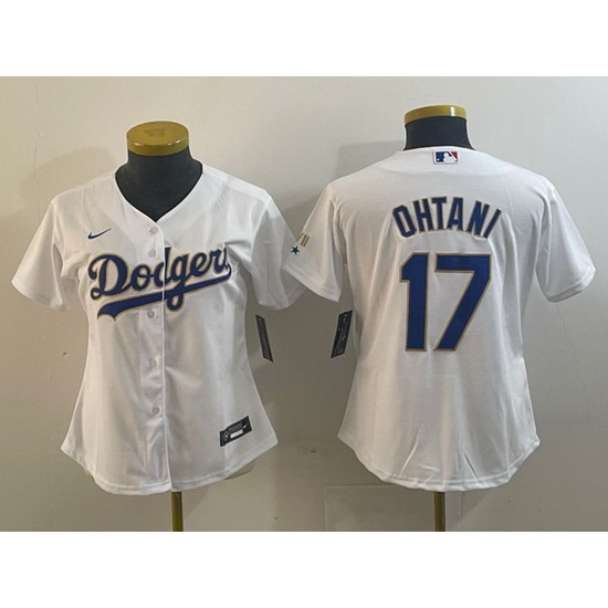 Women Los Angeles Dodgers 17 Shohei Ohtani White Gold Stitched Jersey 28Run Small 29 Women Los Angeles Dodgers 17 Shohei Ohtani White Gold Stitched Jersey 28Run Small 29