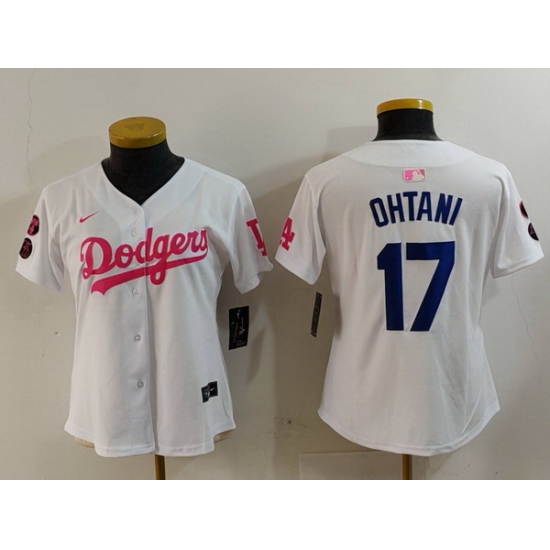 Women Los Angeles Dodgers 17 Shohei Ohtani White Pink Vin 26 Kobe Patch Stitched Baseball Jersey Women Los Angeles Dodgers 17 Shohei Ohtani White Pink Vin 26 Kobe Patch Stitched Baseball Jersey